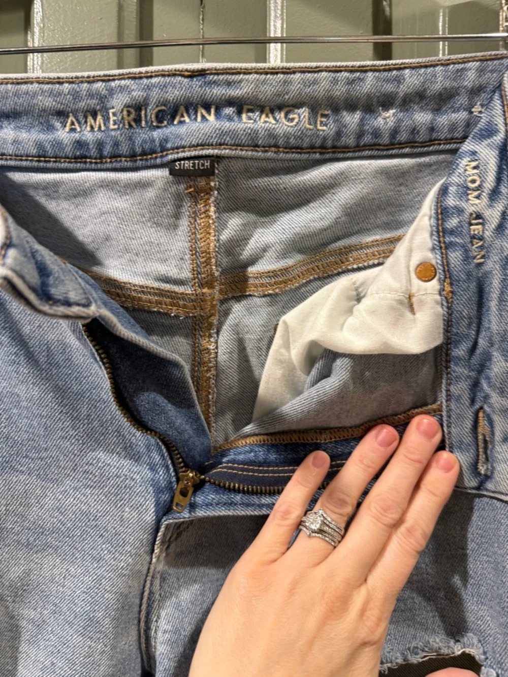 American Eagle Mom Jean with stretch regular size 10 ..Light Blue Distressed - Picture 2 of 6
